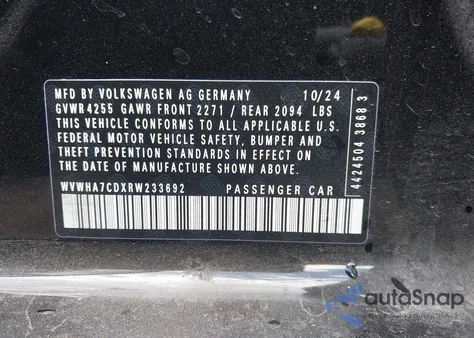 2024 Volkswagen Golf Gti 2.0T 380 S из США, поврежденный, VIN WVWHA7CDXRW233692